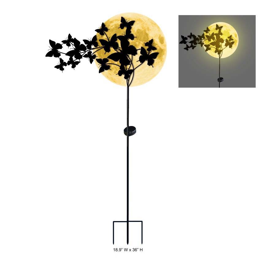 Moon-shaped lamp with Metal Butterflies Solar-Powered Stakes