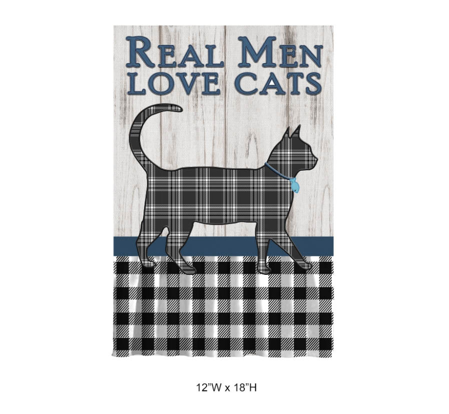 Tri Blossomy "Real Men Love Cats" Plaid Cat Garden Flag (12"x18", Wholesale & Customizable)