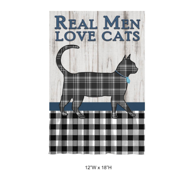 Tri Blossomy "Real Men Love Cats" Plaid Cat Garden Flag (12"x18", Wholesale & Customizable)
