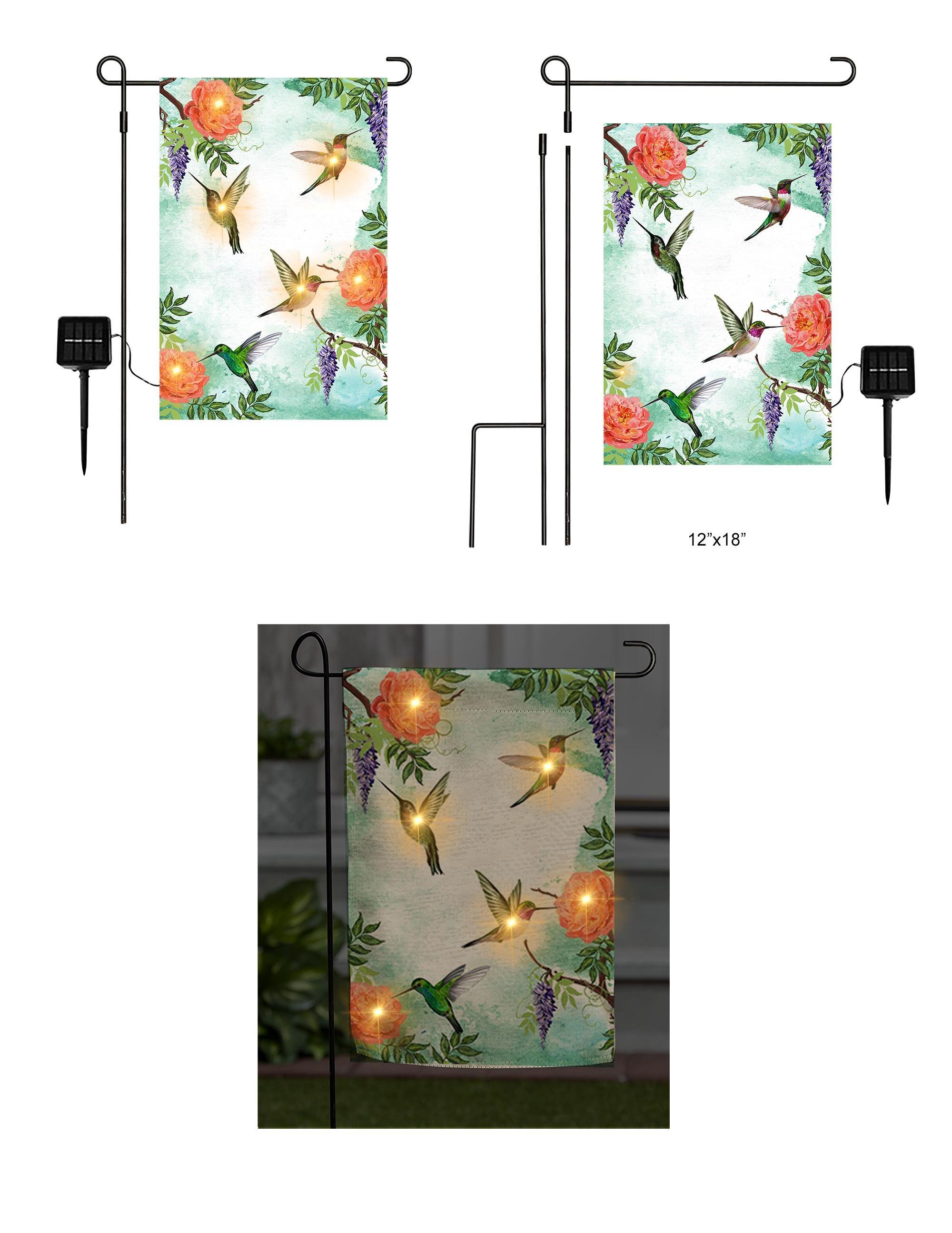 Tri Blossomy Solar LED Hummingbird Garden Flag Complete Set with Metal Stand