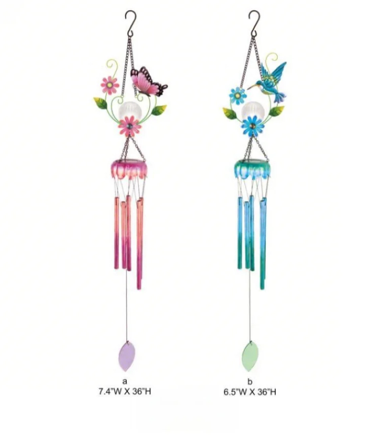 Tri Blossomy Floral Butterfly & Hummingbird Wind Chime Set - Solar Light Accent