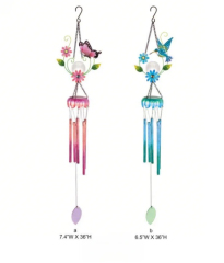 Tri Blossomy Floral Butterfly & Hummingbird Wind Chime Set - Solar Light Accent