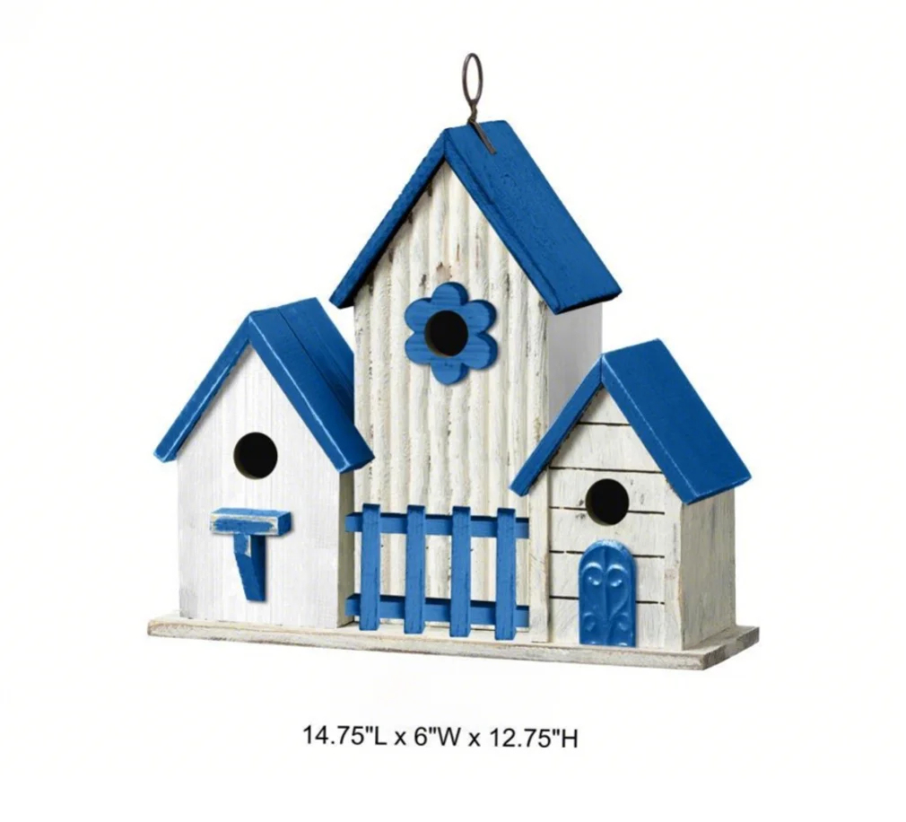 Tri Blossomy Coastal Triple-Cottage Hanging Birdhouse - Blue & White