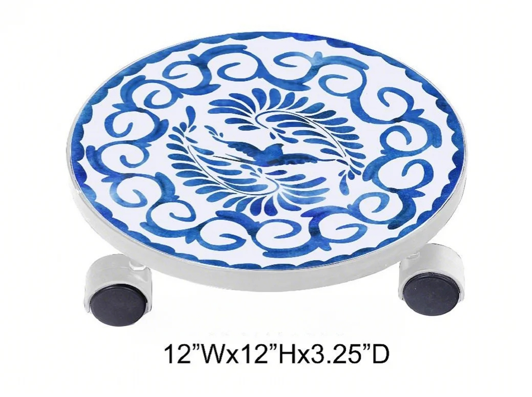 Blue and White Porcelain Plant Stand with Wheels - Movable Rolling Plant Holder