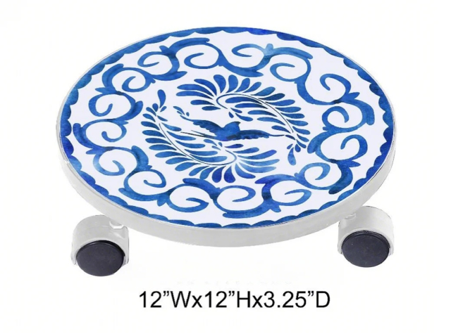 Blue and White Porcelain Plant Stand with Wheels - Movable Rolling Plant Holder