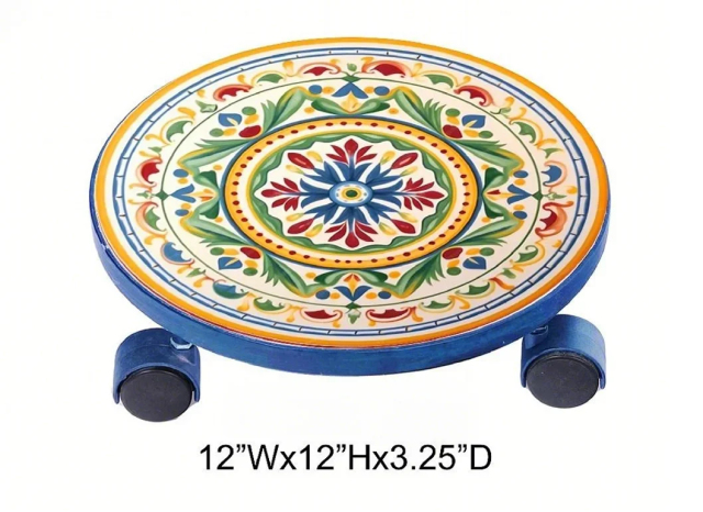 Tri Blossomy Movable Patterned Plant Stand - Rolling Plant Holder for Indoor and Outdoor Display