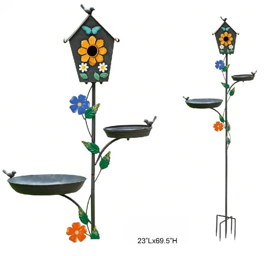 Floral Birdhouse and Bath Garden Stake