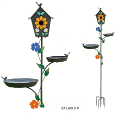 Floral Birdhouse and Bath Garden Stake