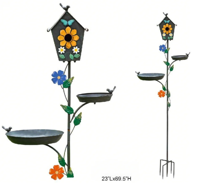 Floral Birdhouse and Bath Garden Stake