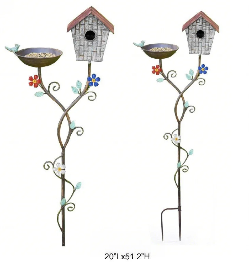 Floral Birdhouse and Bath Garden Stake