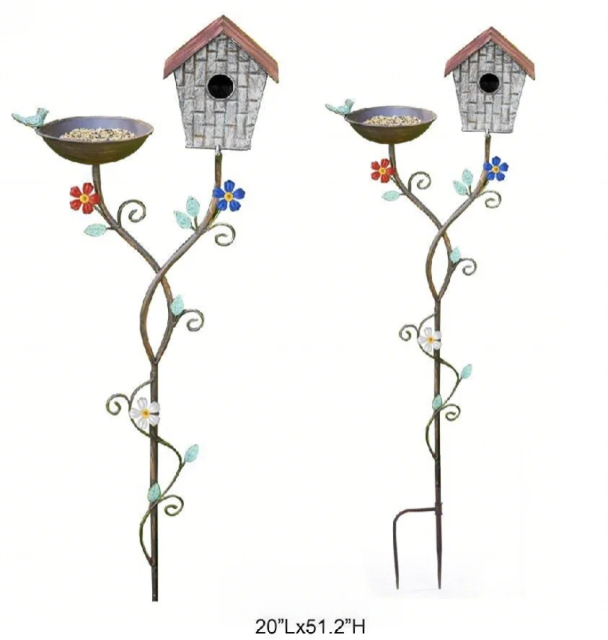 Floral Birdhouse and Bath Garden Stake