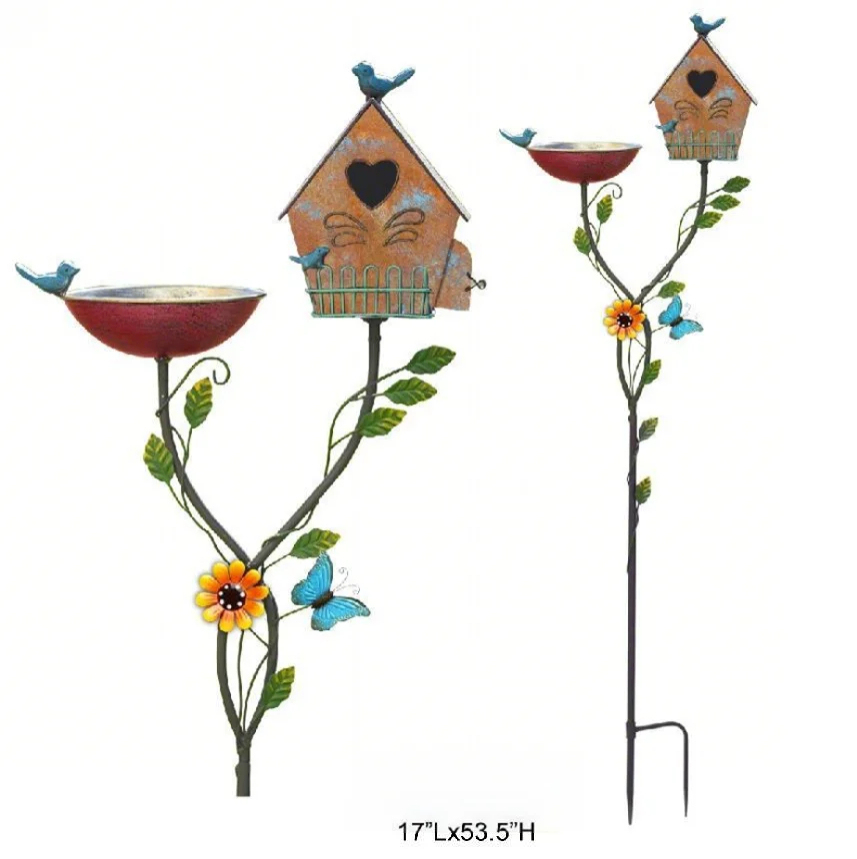 Birdhouse and Bath Garden Stake