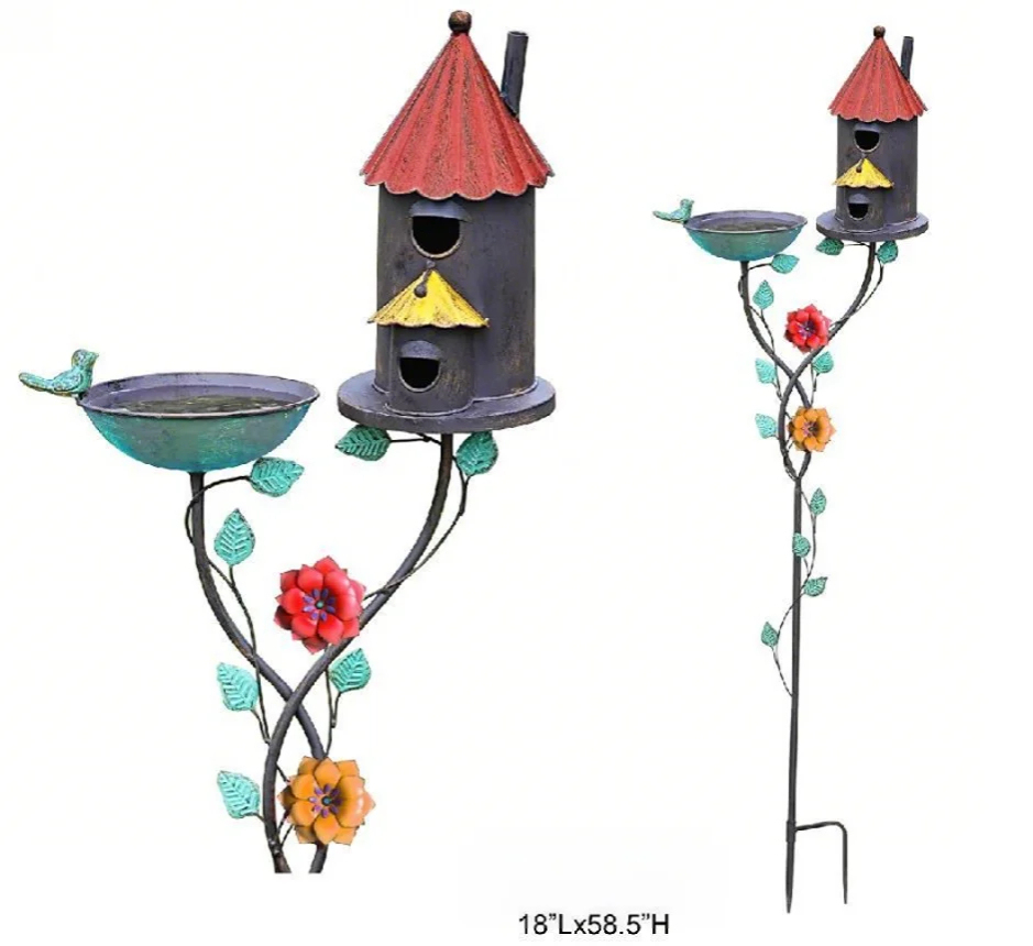 Standing Floral Birdhouse and Bath Stake - Decorative Metal Birdhouse Garden Stake for Outdoor Garden Decor