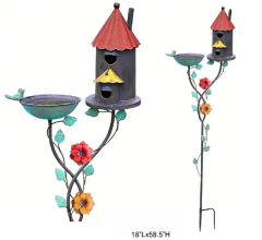 Standing Floral Birdhouse and Bath Stake - Decorative Metal Birdhouse Garden Stake for Outdoor Garden Decor