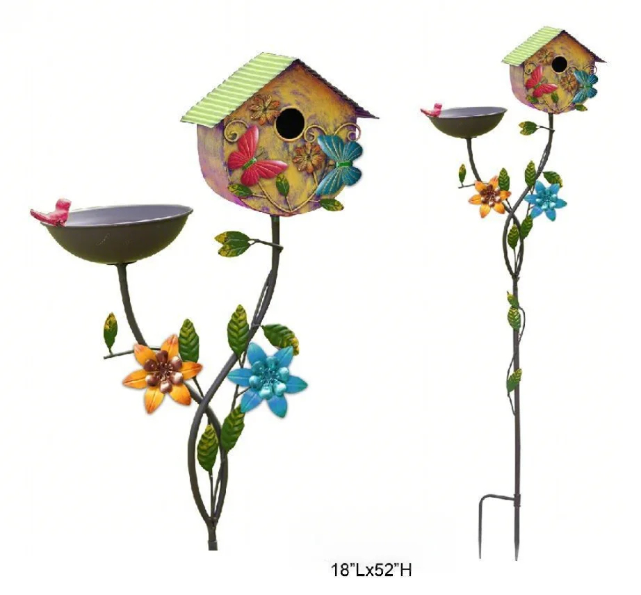 Tri Blossomy Birdhouse & Bird Feeder Combo Garden Stake - Floral & Butterfly Accents