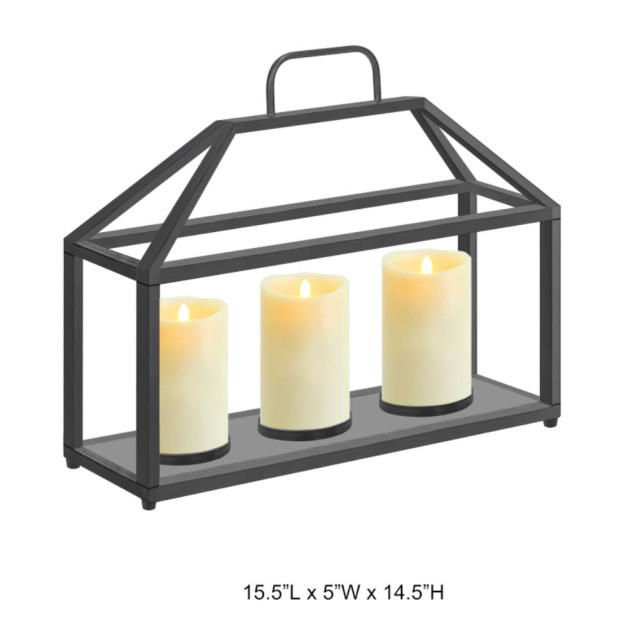 Tri Blossomy 15.5" Open Frame 3-Candle Black Metal Lantern with Handle