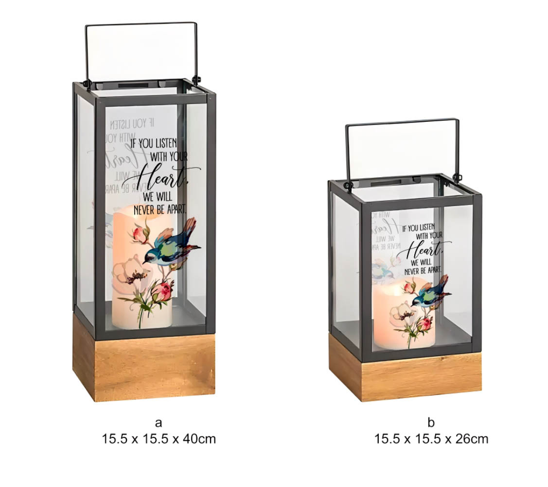 Tri Blossomy Memorial "Listen With Your Heart" Glass & Wood Lantern Set - 2 Sizes