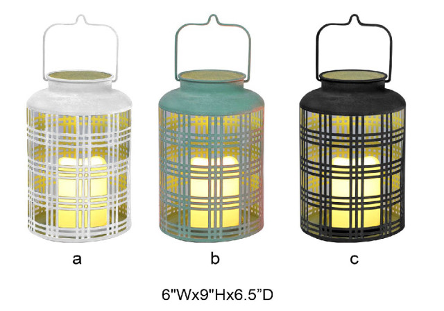 Tri Blossomy 6"x9" Solar Plaid Metal Lantern with LED Candle - White/Green/Black