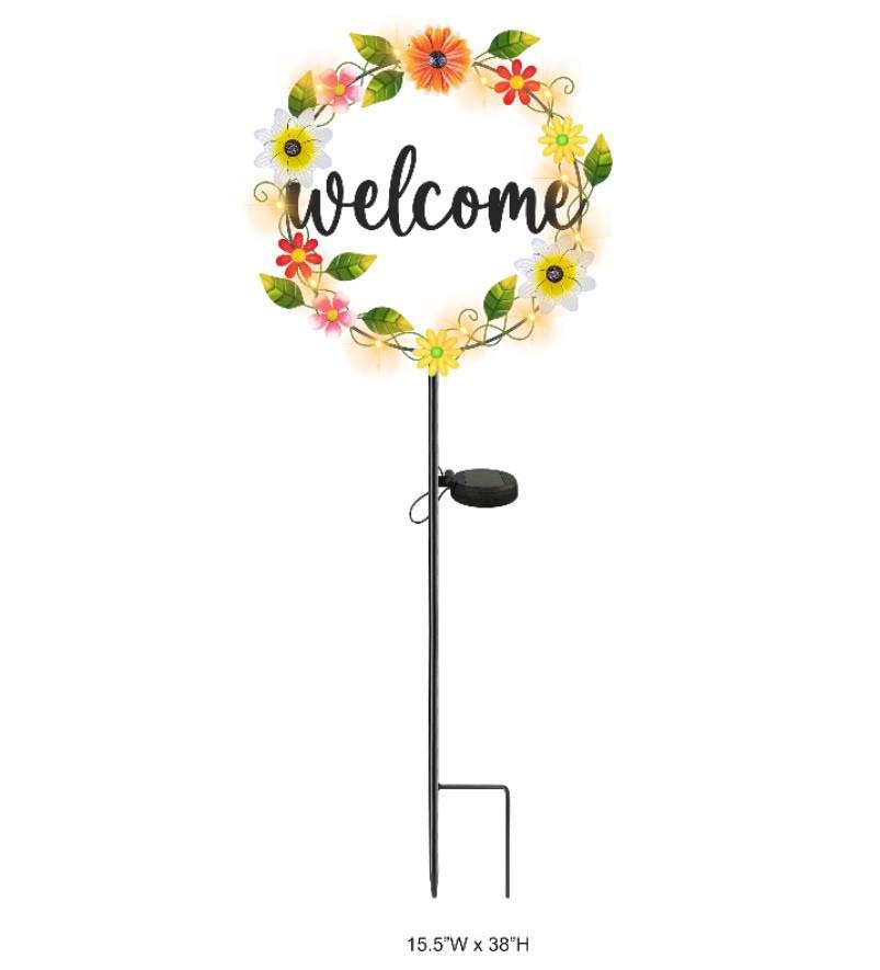 Tri Blossomy Solar Welcome Garden Stake Light – Decorative Outdoor Welcome Sign Stake