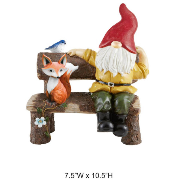 Gnome Sitting On Bench With Fox Statue