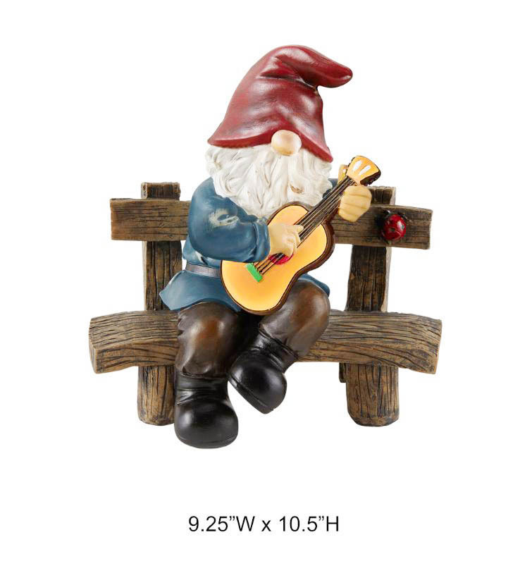 Gnome Playing Music On Bench Statue