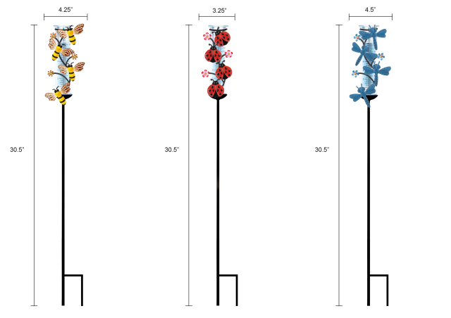 Tri Blossomy Insect Garden Stake Set - Bee, Ladybug, Dragonfly Designs