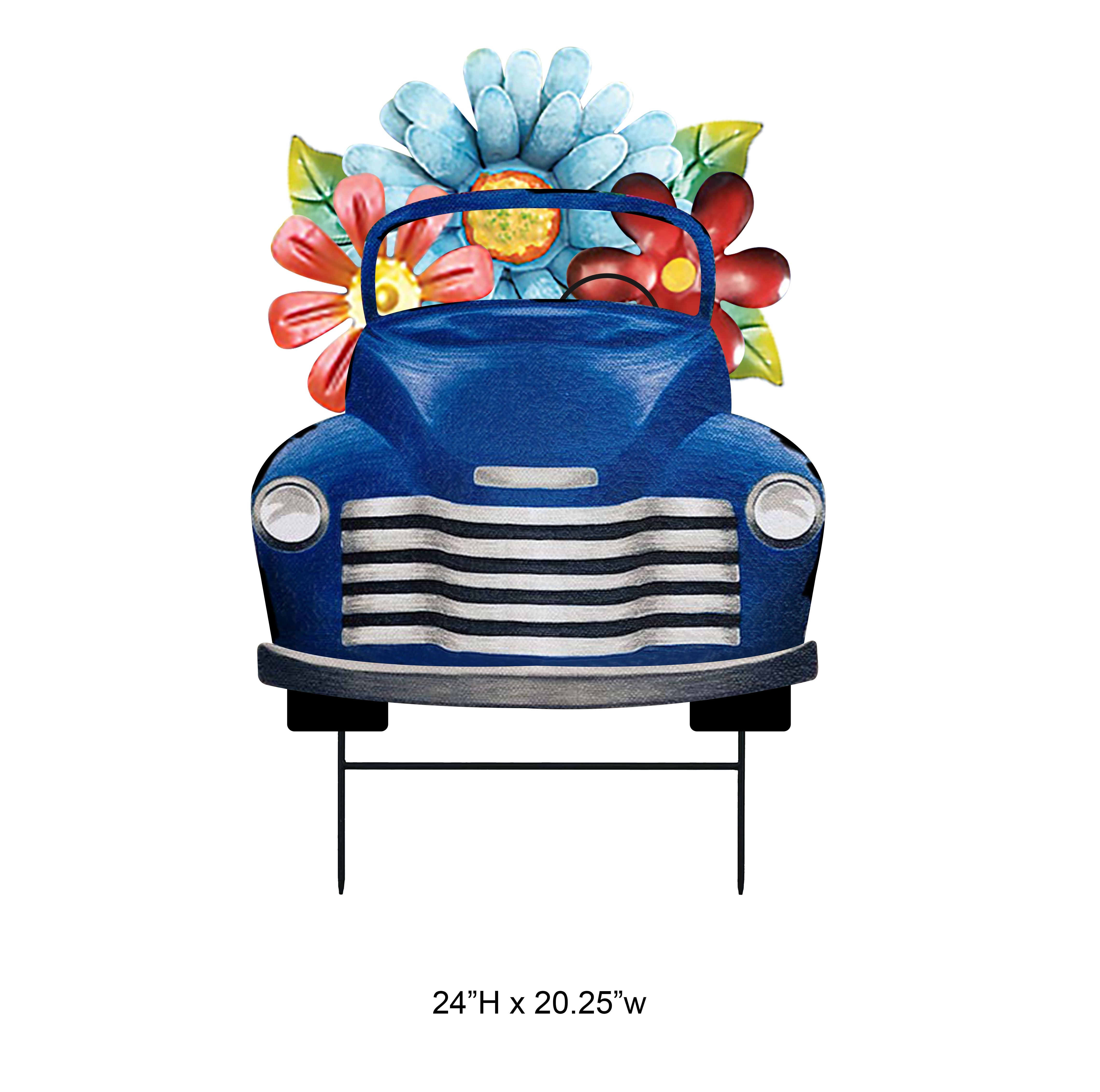 Car Driving Flowers Garden Stake - Metal Outdoor Yard Decoration Ornament