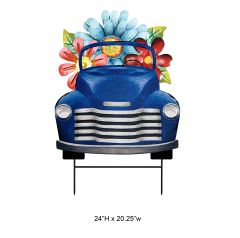 Car Driving Flowers Garden Stake - Metal Outdoor Yard Decoration Ornament