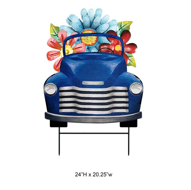 Car Driving Flowers Garden Stake - Metal Outdoor Yard Decoration Ornament