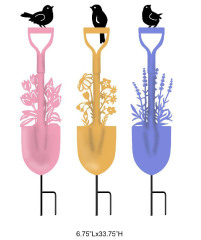 Tri Blossomy Bird & Floral Shovel Garden Stakes - Pink, Yellow, Blue