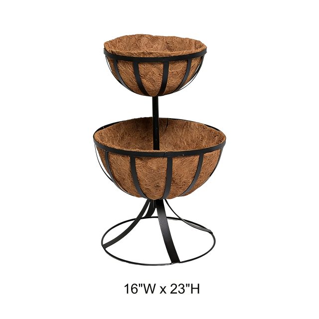 2-Tier Black Metal Plant Stand with Coco Liners