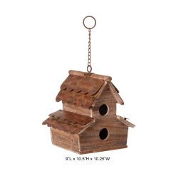 Rustic Wood & Corten-Style Metal Hanging Birdhouse