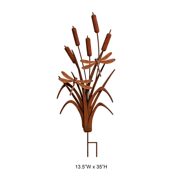 Rustic Corten-Style Cattail & Dragonfly Garden Stake