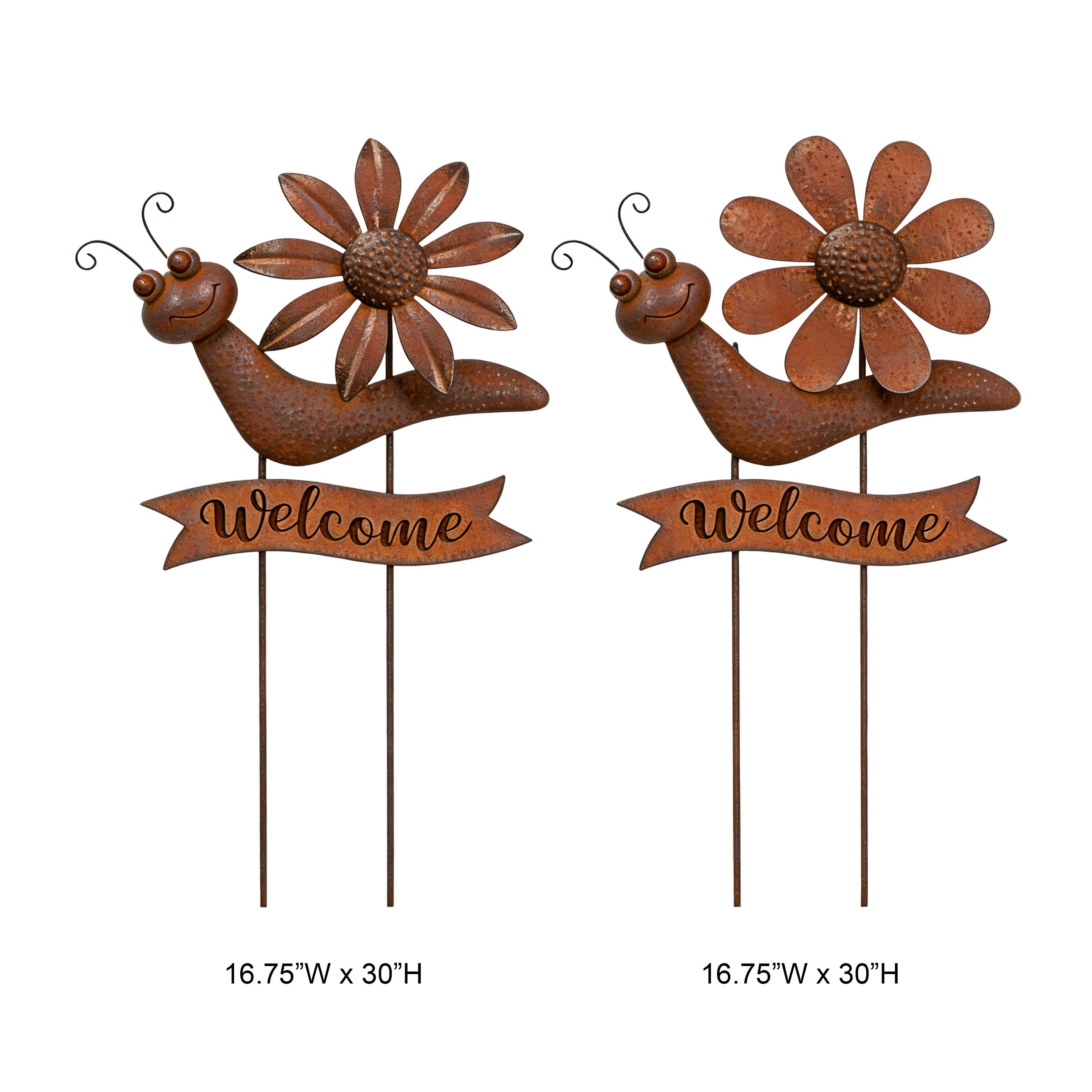 Rustic Corten-Style Snail & Flower Welcome Garden Stake