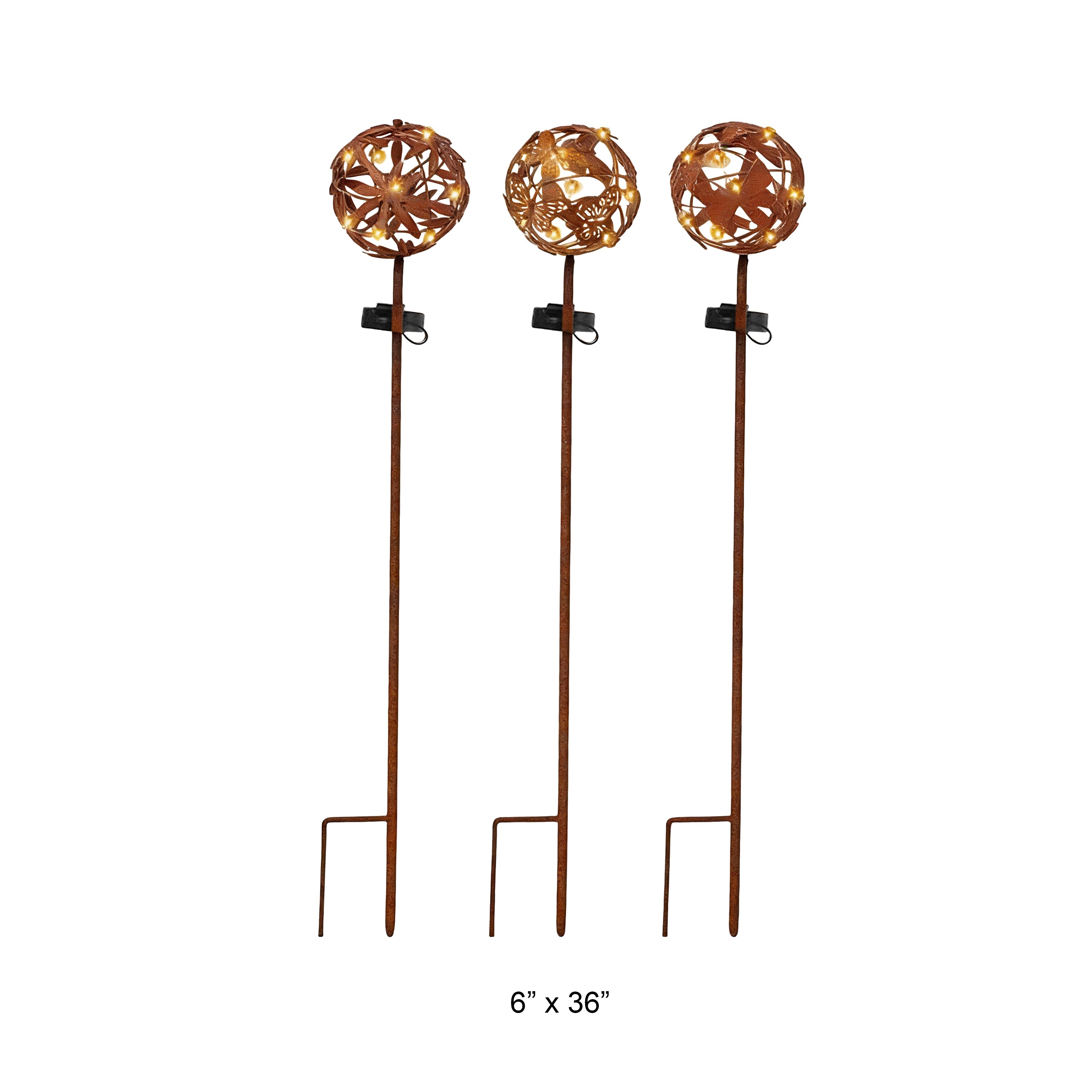 Rustic Corten-Style Solar Light Ball Garden Stake