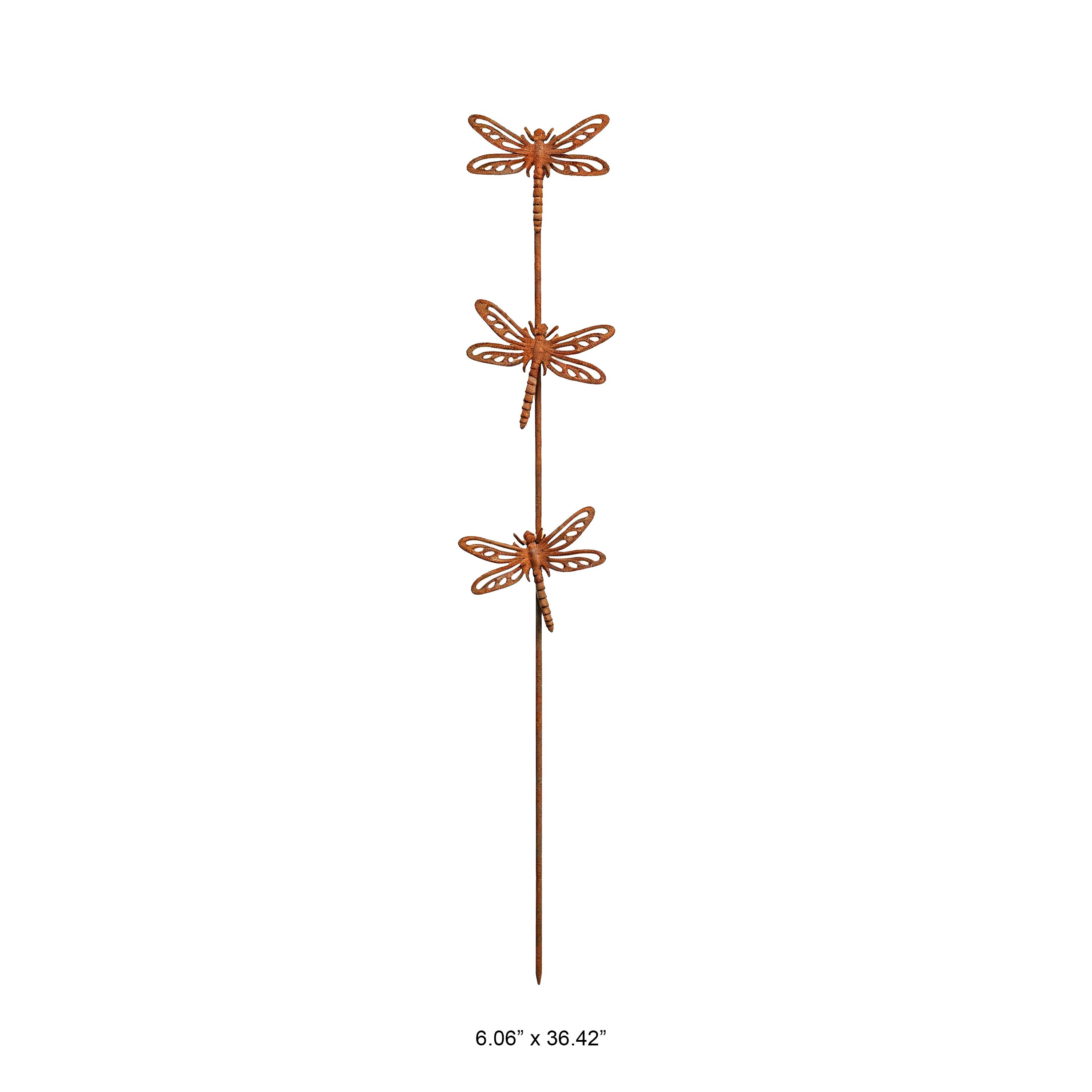 Triple Dragonfly Rusty Metal Garden Stake - Decorative Weathered Iron Yard Art for Wholesale and Outdoor Landscaping Projects