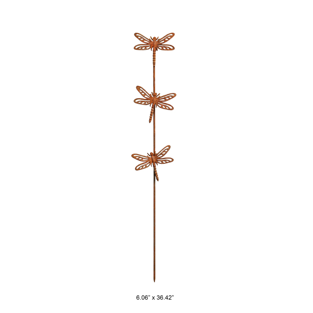Triple Dragonfly Rusty Metal Garden Stake - Decorative Weathered Iron Yard Art for Wholesale and Outdoor Landscaping Projects