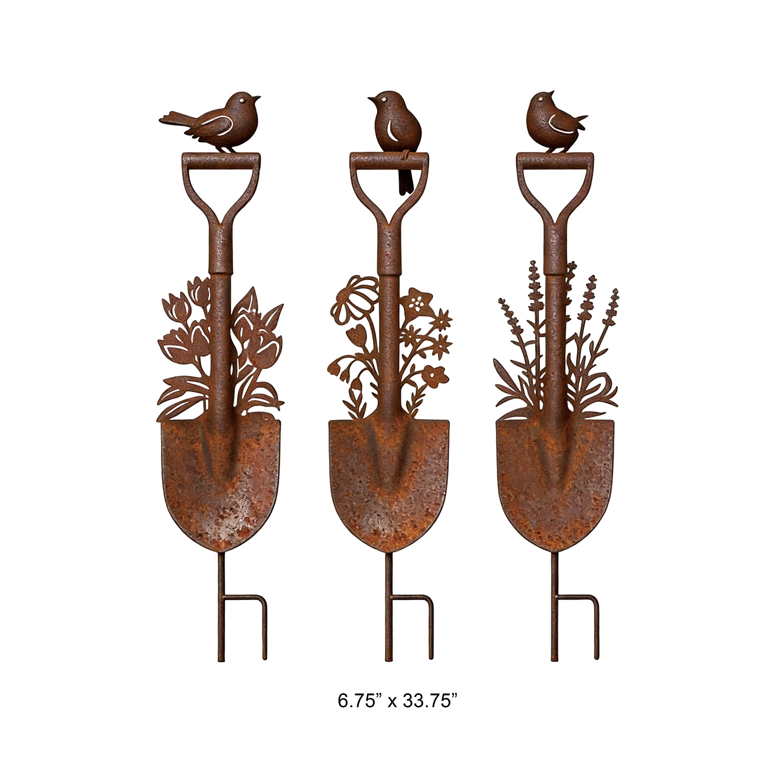 Antique Shovel Bird Garden Stake Set - Heavy Duty Rusted Iron Floral Yard Art for Wholesale and Outdoor Decor Projects