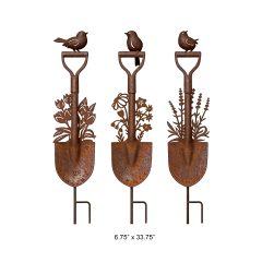 Antique Shovel Bird Garden Stake Set - Heavy Duty Rusted Iron Floral Yard Art for Wholesale and Outdoor Decor Projects
