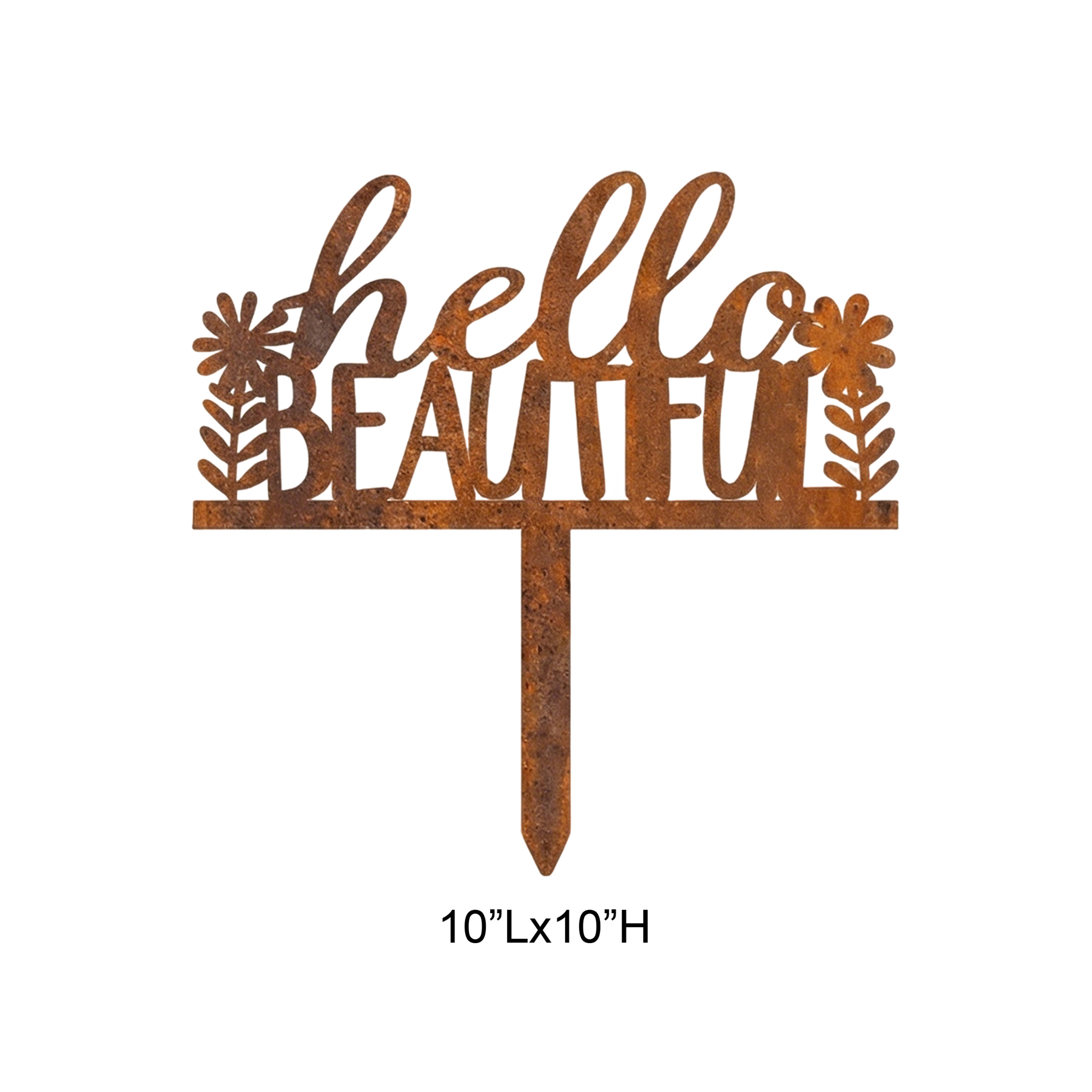 Tri Blossomy 10 Inch Weathered Rust Finish Hello Beautiful Script Text Daisy Floral Cutout Metal Garden Yard Sign Stake