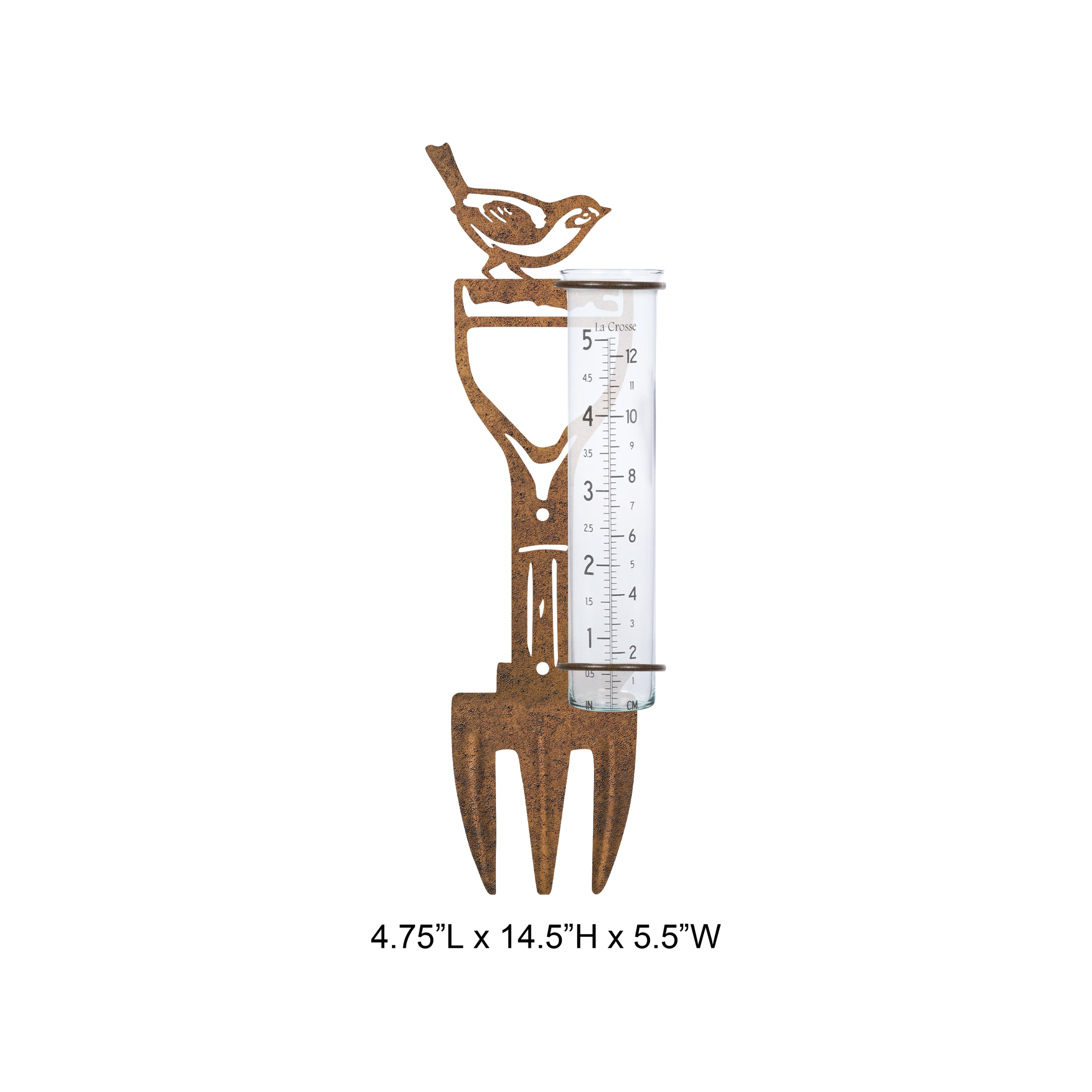 Tri Blossomy 14.5 Inch Weathered Rust Finish Perched Bird Cutout Silhouette Metal Garden Stake with Graduated Glass Rain Gauge Tube