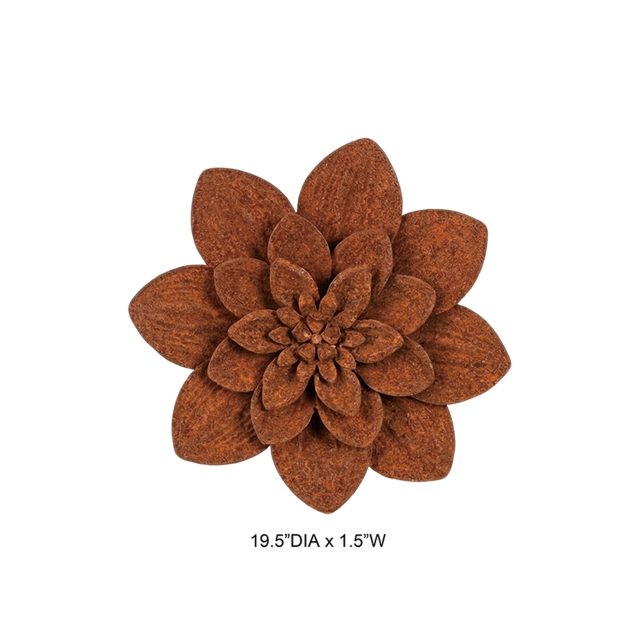Tri Blossomy 19.5 Inch Diameter Weathered Rust Finish Multi-Layer Dimensional Petal Dahlia Bloom Metal Floral Wall Art
