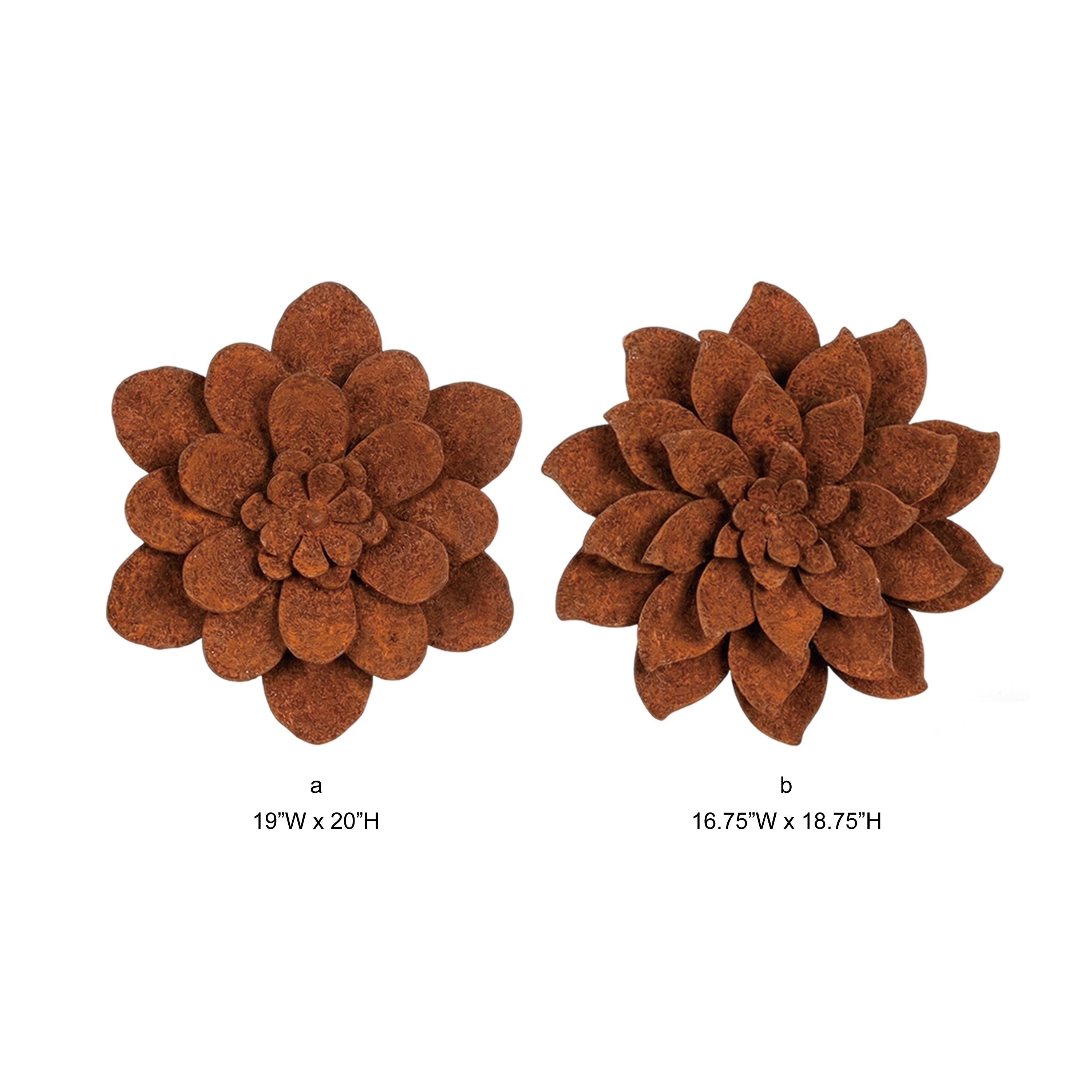 Tri Blossomy 2-Size Weathered Rust Finish Multi-Layer Petal Succulent Bloom Dimensional Metal Floral Wall Art Mixed Set