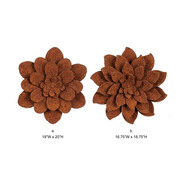 Tri Blossomy 2-Size Weathered Rust Finish Multi-Layer Petal Succulent Bloom Dimensional Metal Floral Wall Art Mixed Set