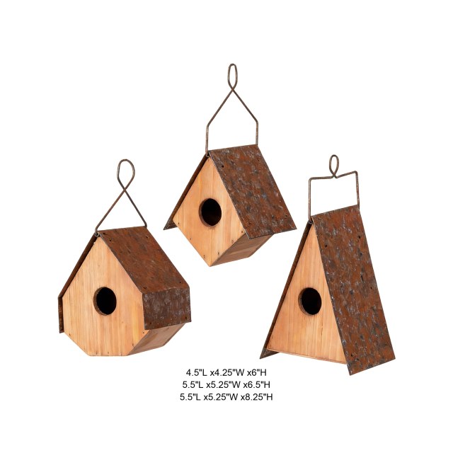 Tri Blossomy 3-Style Mixed Silhouette Natural Solid Wood Body Weathered Rust Metal Sloped Roof Hanging Bird House Mixed Set