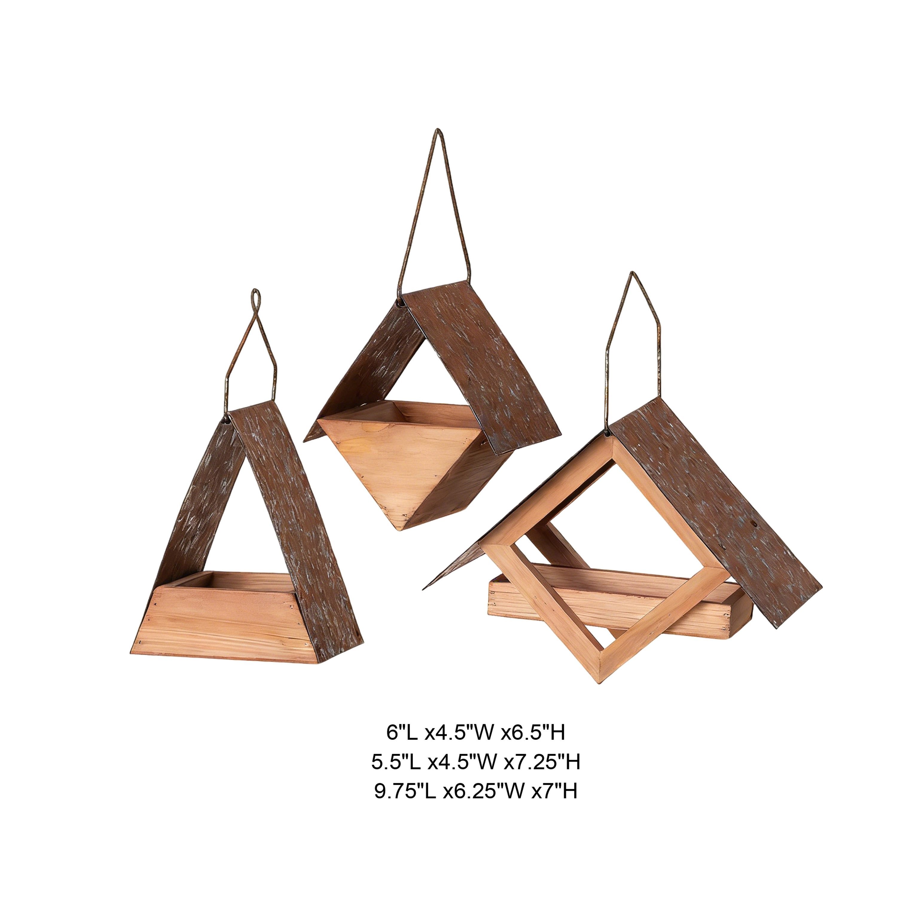 Tri Blossomy 3-Style Mixed Silhouette Natural Solid Wood Trough Weathered Rustic Metal Sloped Roof Open Tray Hanging Bird Feeder Mixed Set