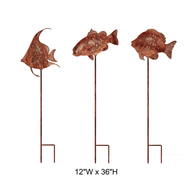 Rustic Corten-Style Metal Fish Garden Stake - Tri Blossomy