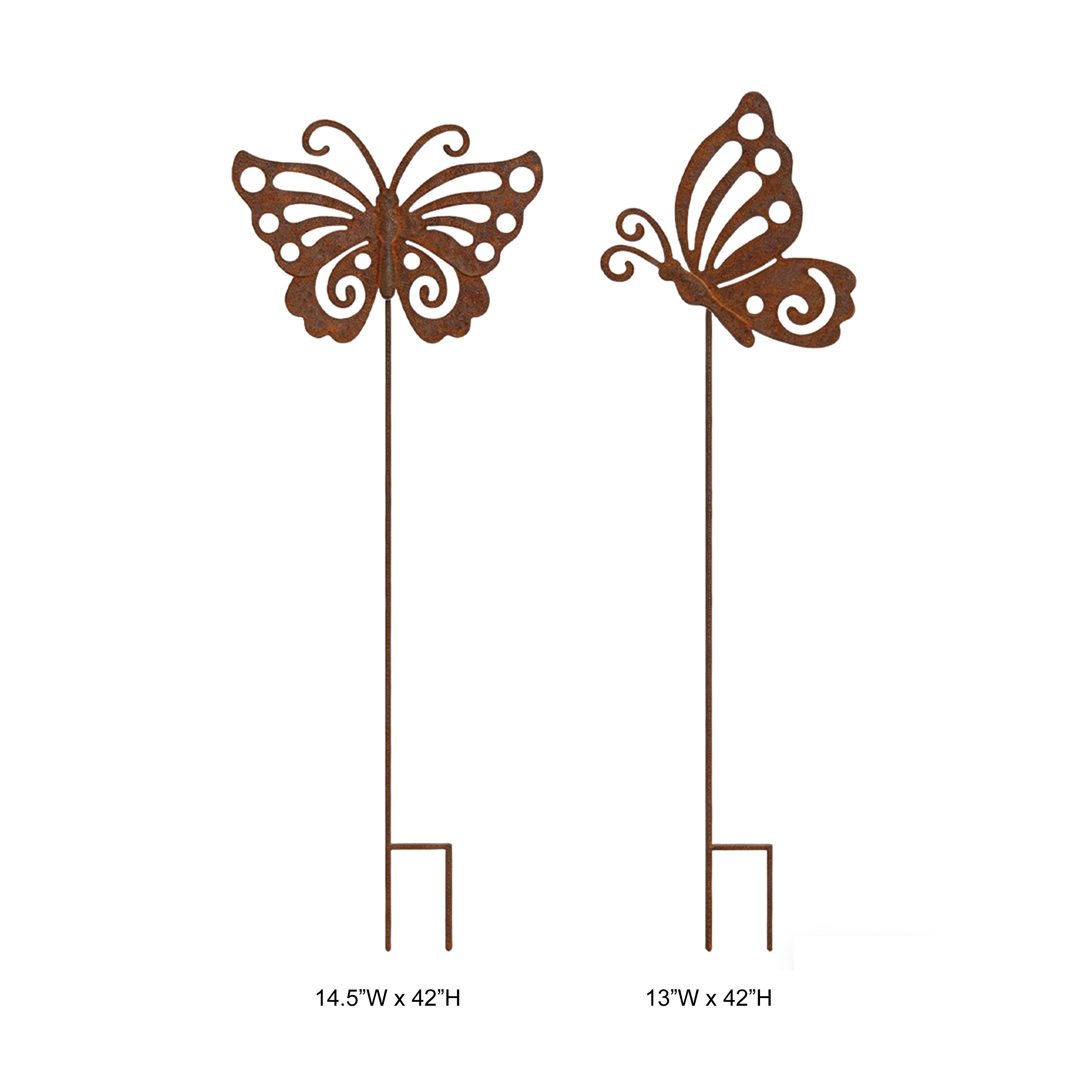 Tri Blossomy 42” Rustic Weathered Metal Butterfly Garden Stake Set - 2 Designs
