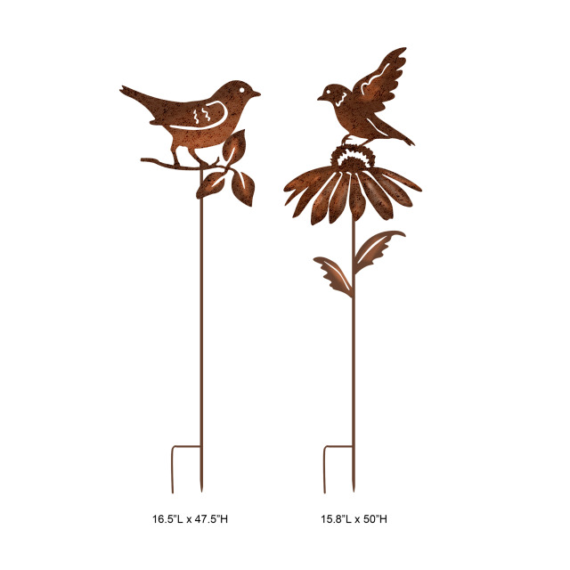 Rustic Metal Bird Flower Garden Stake