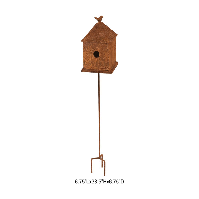 Rustic Metal Birdhouse Garden Stake